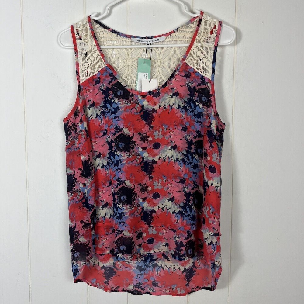 NWT Collective Concepts Women Sleeveless Top Medium Floral Multicolor Crochet